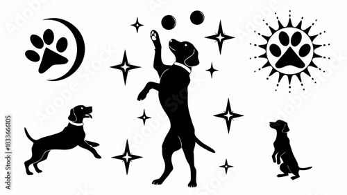 Playful dog silhouettes performing tricks and surrounded by stars, a modern design perfect for pet lovers, groomers, or veterinary clinics branding