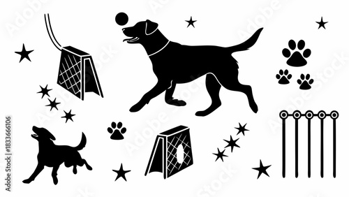 Playful dog agility course design elements for pet lovers, featuring black silhouettes of dogs, paw prints, stars, goals, and obstacles, perfect for banners