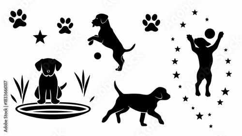 Playful puppy silhouettes playing fetch, sitting by pond, and dancing with stars, perfect for pet lovers and creative designs originally from scalable vector graphics