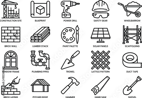 construction icons, building tools, materials, safety gear, blueprint, scaffolding, plumbing, roofing, solar panels, hammer, shovel, duct tape, window frame, wheelbarrow, brick wall, pitched roof,
