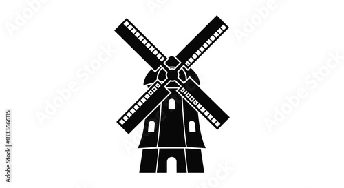 A striking black windmill design against a white background showcasing a classic rural scene silhouette