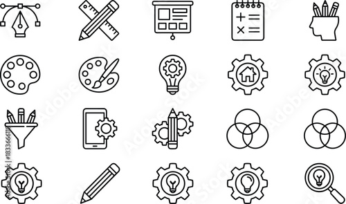 creative icons, design tools, education symbols, innovation ideas, vector graphics, gear light bulb, mobile app, brainstorming, art palette, planning board