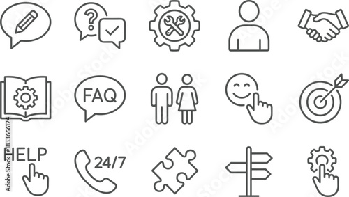 Customer service icons, support tools, user interaction symbols, help desk visuals, feedback elements, FAQ graphics, assistance, communication, satisfaction, guidance