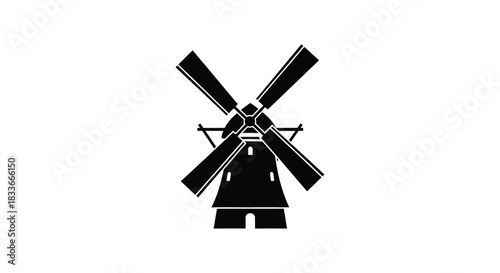 A striking black and white illustration of a classic windmill design presented as a silhouette