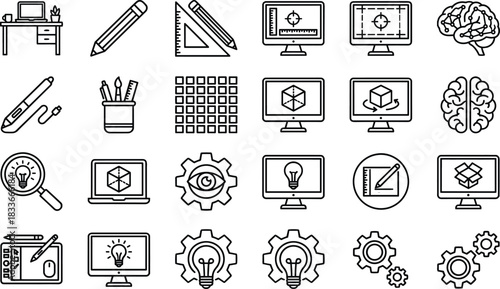 design icons, creative tools, digital workspace, graphic design, 3D modeling, innovation symbols, gear ideas, stylus tablet, UI elements, tech creativity