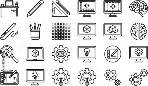 design icons, creative workspace, graphic tools, digital art, 3D modeling, innovation symbols, gear ideas, stylus tablet, UI elements, tech creativity