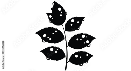 A delicate branch with spotted leaves presented in a striking black and white silhouette