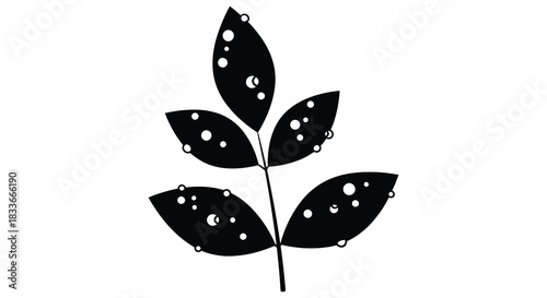 A striking botanical illustration depicting a leafy stem with dotted foliage silhouette