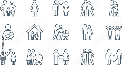 Family icons, parenting vector set, relationship symbols, love couple, baby care, home life, emotional bonding, outline style, modern concept