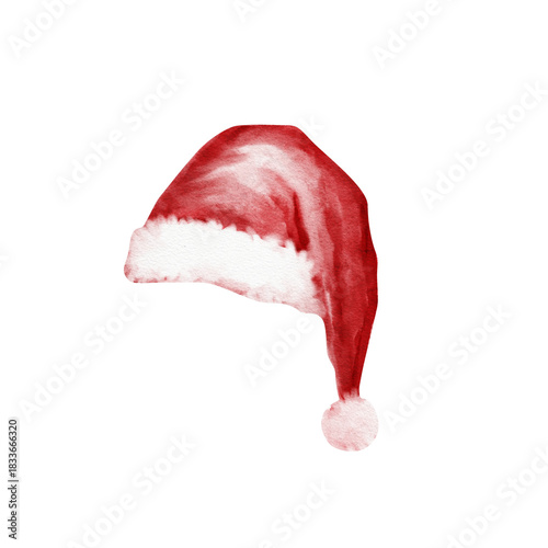 Watercolor Santa hat illustration brings holiday cheer, perfect for festive designs, invitations, and seasonal promotions - add Christmas magic today!