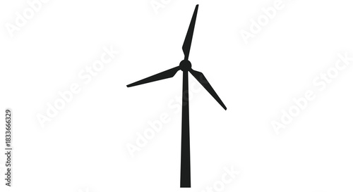 A single black wind turbine stands tall against a plain white background silhouette