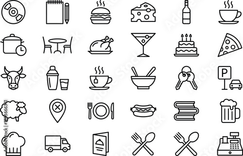 food icons,restaurant symbols,dining elements,menu design,chef tools,delivery truck,beverage icons,fast food,tableware,culinary service