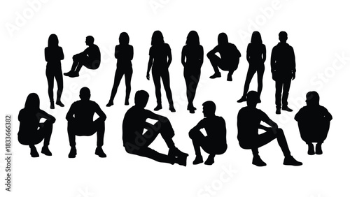 Group of diverse people silhouettes in various poses isolated on white background, Vector