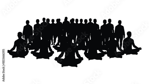 Group silhouette of meditating and standing figures isolated on white background, Vector