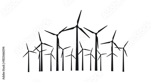 A field of wind turbines depicted in a stark minimalistic black and white silhouette