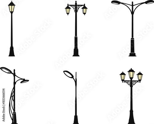 Street lamp silhouettes collection with vintage and modern street lights, urban outdoor lighting set, isolated vector illustration on white