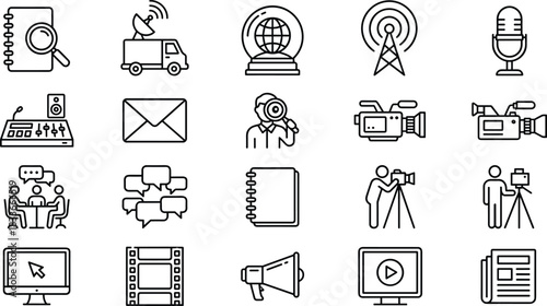 Media icons, communication tools, journalism symbols, broadcasting equipment, video camera, microphone, newspaper, satellite truck, speech bubble, magnifying glass, audio mixer, envelope