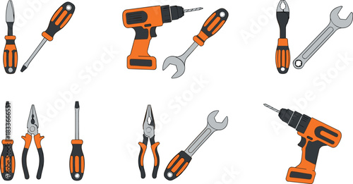 Hand tools set with screwdriver wrench pliers and electric drill, repair equipment collection, vector illustration isolated on white background
