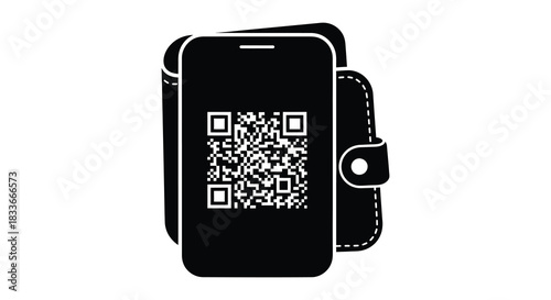 A black and white illustration depicting a smartphone wallet with a qr code silhouette