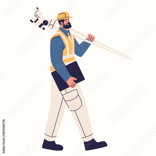 surveyor carrying measuring tools illustration