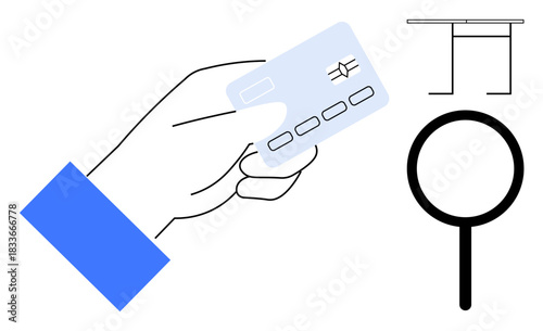 Financial analysis, decision-making, payment authentication, fraud detection, online payment, digital economy. Hand holding credit card, magnifying glass scale icons. Financial analysis