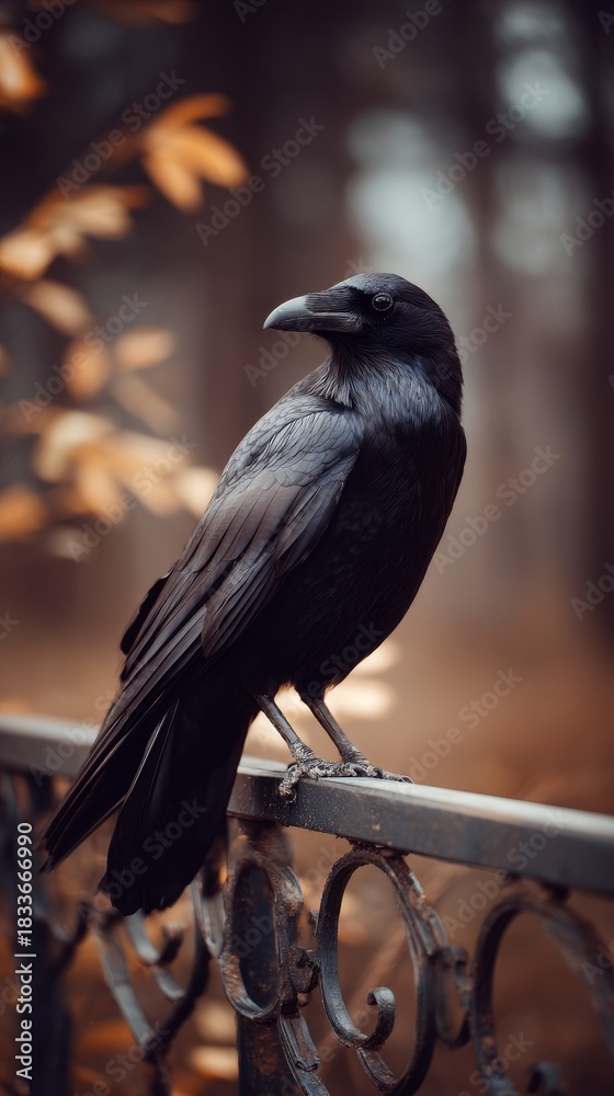 Obraz premium Raven bird perching on ornate fence during autumn