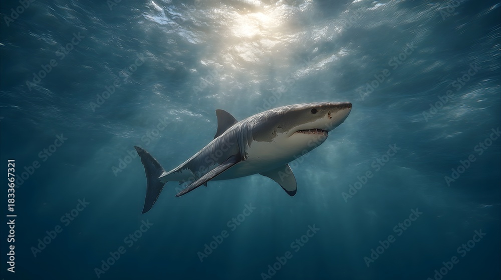 Naklejka premium Majestic great white shark swims gracefully underwater with sun rays illuminating the blue ocean