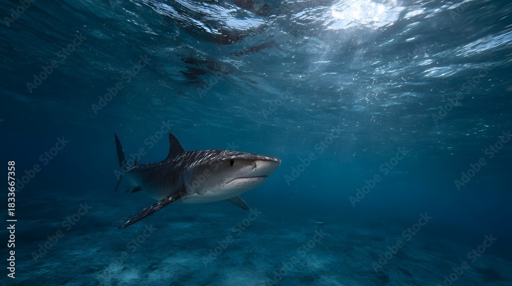Fototapeta premium A majestic tiger shark glides through clear blue ocean water illuminated by sun rays filtering from the surface