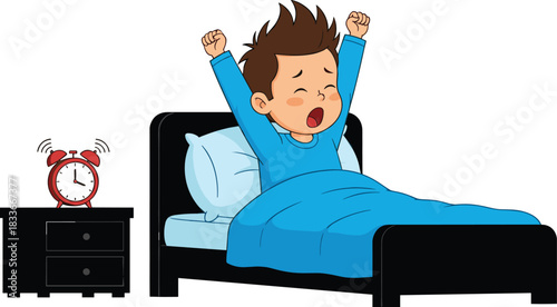 Cartoon child waking up in morning bed with alarm clock ringing, stretching arms and yawning, daily routine concept, cad drawing flat vector illustration