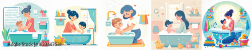 VECTOR MOTHER WASHING WHITE BACKGROUN FLAT DESIGN
