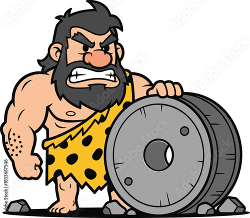 Angry strong cartoon caveman holding a large heavy stone wheel with a fierce determined expression, representing primitive invention and effort