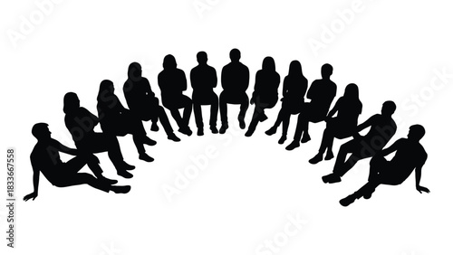 Group of people sitting in a semicircle silhouette isolated on white background, Vector