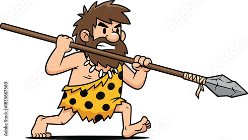 Angry strong cartoon caveman running forward ready to throw a sharp stone spear, representing primitive hunter, survival, and prehistoric action mascot