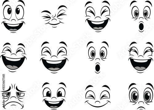 Black and white cartoon face expressions vector set, funny collection of happy, laughing, winking, surprised, sad, and tired character emotions with mouth and eyes isolated on white background.