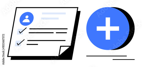Account creation concept. User profile setup checklist and add button highlight functionality for registration. Account creation aids user onboarding, digital forms, and UI design. Ideal for apps