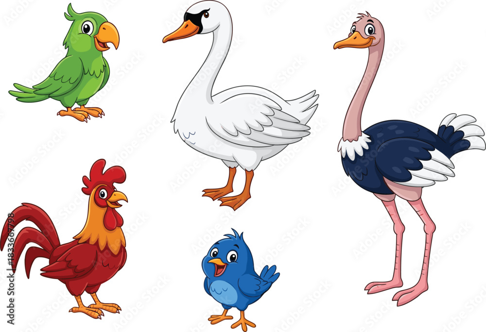 Obraz premium Group of five adorable cartoon birds: a parrot, swan, ostrich, rooster, and blue chick standing together isolated on white