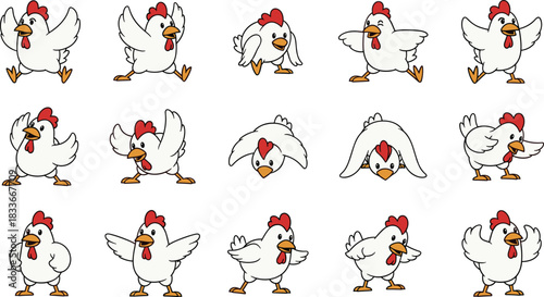 Cute cartoon white chicken hen mascot character set in various poses running jumping standing farming poultry design