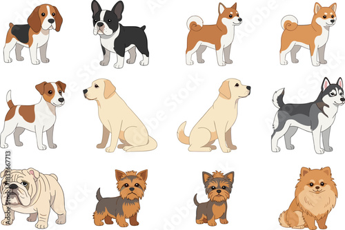 Diverse Cute Cartoon Dogs Breeds Vector Set, Beagle, French Bulldog, Husky, Shiba Inu, Labrador, and Yorkshire Terrier Collection