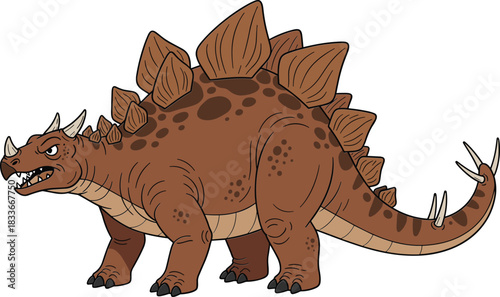 Fierce cartoon Stegosaurus dinosaur illustration with large back plates and sharp tail spikes, depicting prehistoric armored reptile and Jurassic wildlife