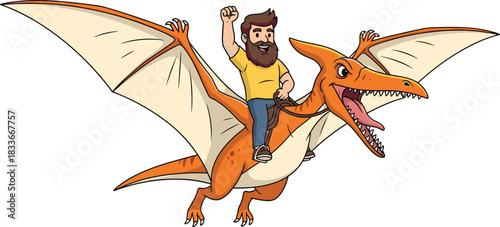 Excited bearded man cartoon character riding a flying Pterodactyl dinosaur with his fist raised, representing adventure, imagination, and modern travel fantasy