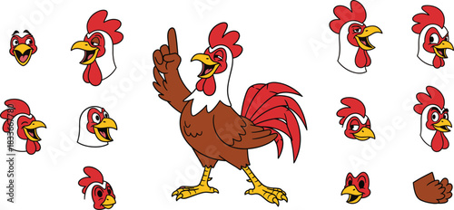 Funny cartoon rooster mascot character set, brown and red fowl with various expressive head emotions, full body pointing up illustration vector.