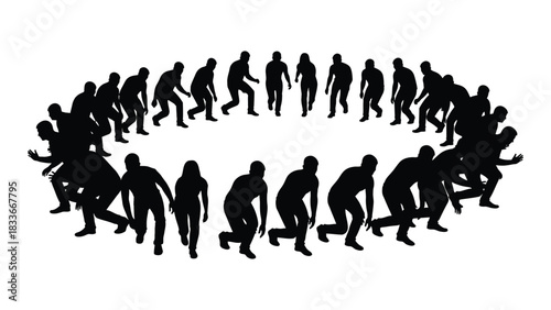 Circular formation of running silhouettes isolated on white background, Vector
