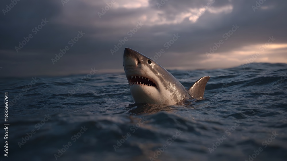 Fototapeta premium Great white shark surfaces in choppy ocean waters under stormy twilight sky
