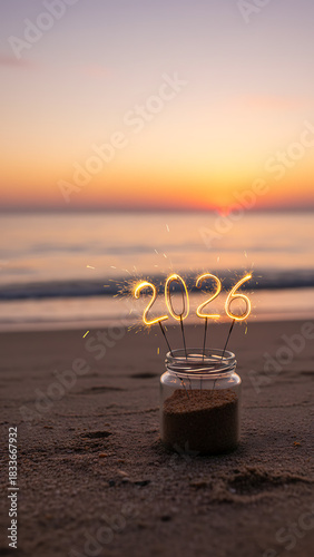 New Year's Eve Beach Celebration, Burned down 2026 Sparklers in a Glass by the Sea