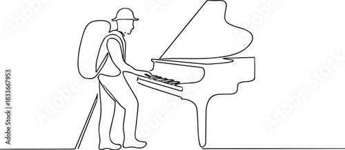 PrintAdventurous musician plays grand piano in minimalist line art style