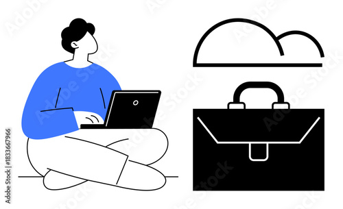 Remote work, cloud storage, digital business, online productivity, office tools, technology. Person working on a laptop, cloud icon and briefcase. Remote work and cloud storage theme