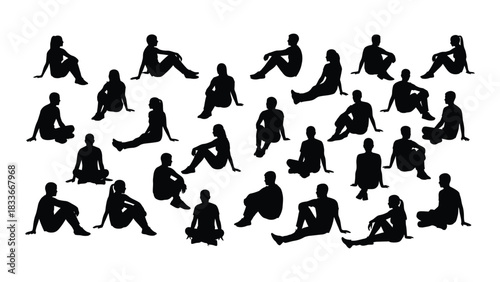 Diverse sitting people silhouettes isolated on white background, Vector