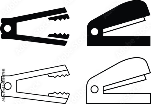 Stapler icons set in flat and line styles. Office tool silhouette, showing stationery equipment for documents, paper binding, school supplies and professional use isolated on transparent background.