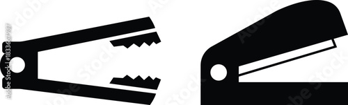 Stapler icons set in black flat styles. Office tool silhouette, showing stationery equipment for documents, paper binding, school supplies and professional use isolated on transparent background.