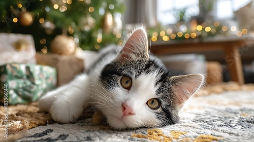 Cute Cat Relaxing on a Cozy Rug Near a Festively Decorated Tree